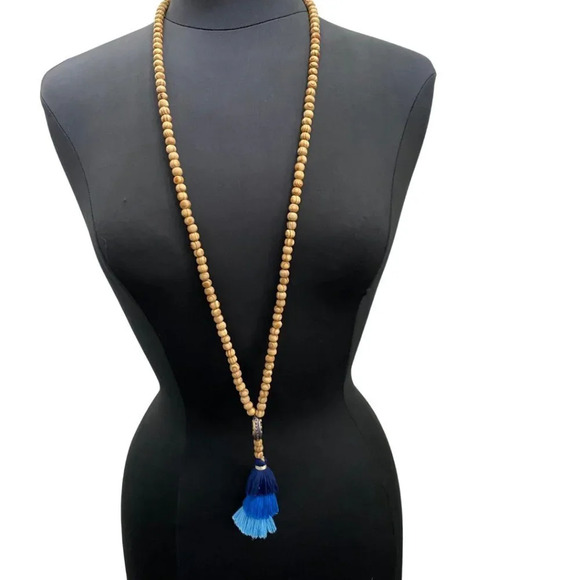 Long Wood Bead Necklace with Blue Tassel Adornment - Picture 3 of 5